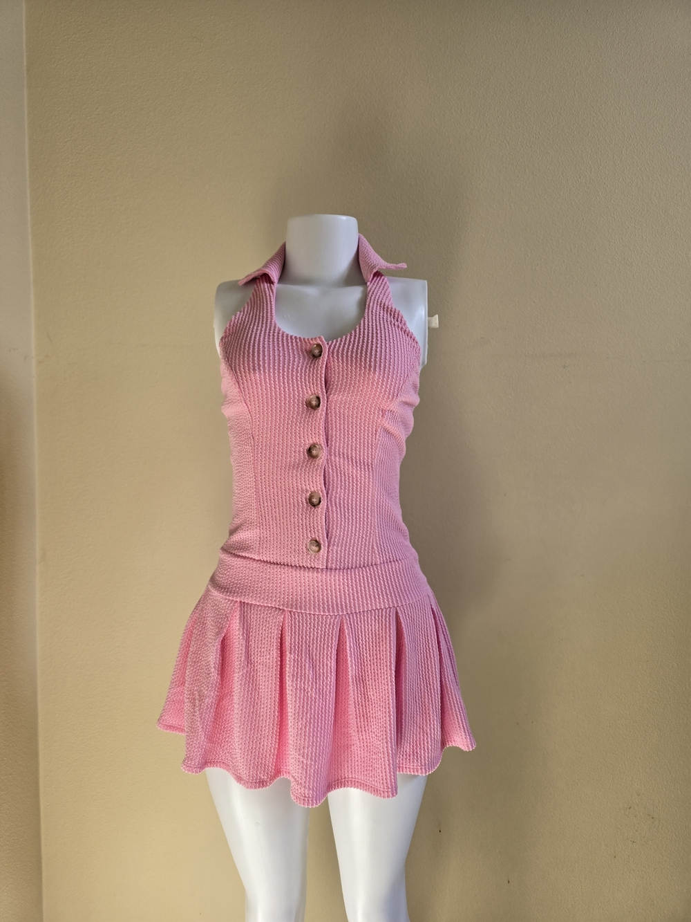 Women's Pink Knit Halter Mini Dress